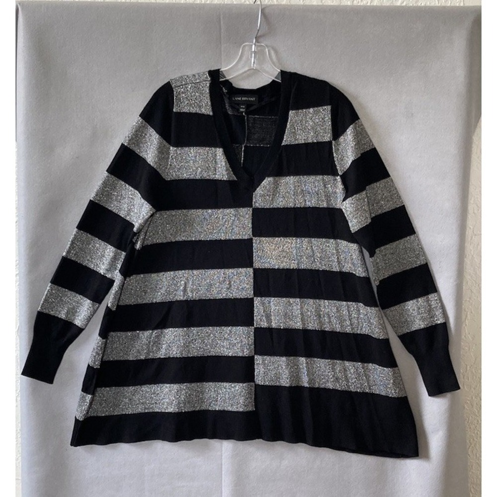 Lane Bryant Striped V-Neck Tunic Sweater Women's Plus Size 14/16 Metallic Knit